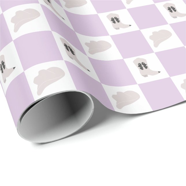 Modern Lilac Checkered Cowgirl Rodeo Pattern Wrapping Paper (Roll Corner)