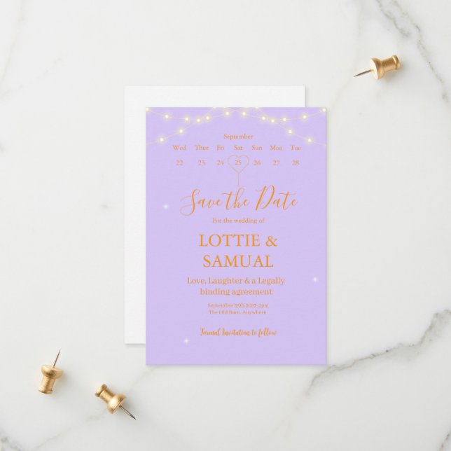 Modern Lilac fairy lights  Save The Date (Front/Back In Situ)