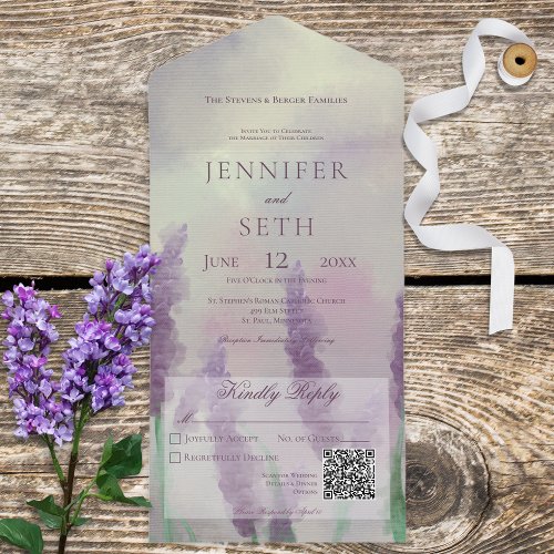 Modern Lilac Flowers on Sage Green QR Code All In One Invitation