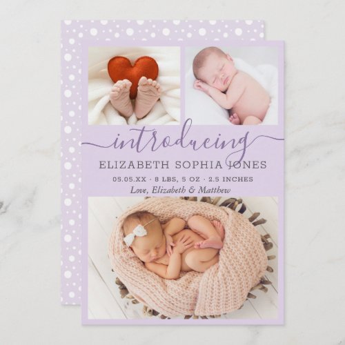 Modern Lilac Girl Birth Announcement Photo Collage