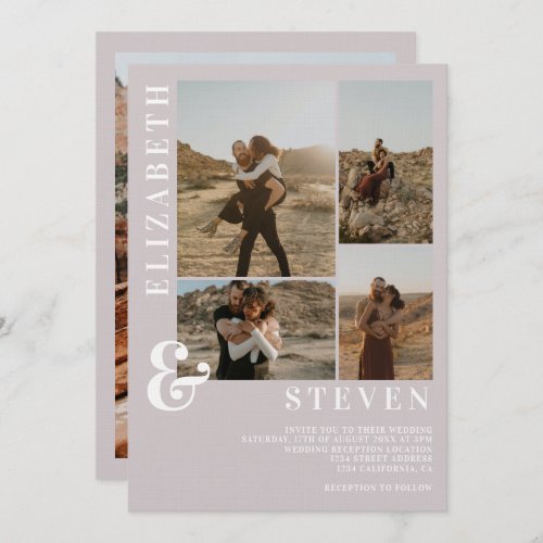 Modern lilac gray ampersand 5 photo grid wedding invitation