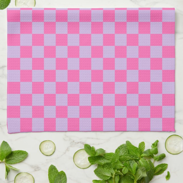 Modern Lilac Lavender and Pink Checkered Kitchen Towel (Folded)