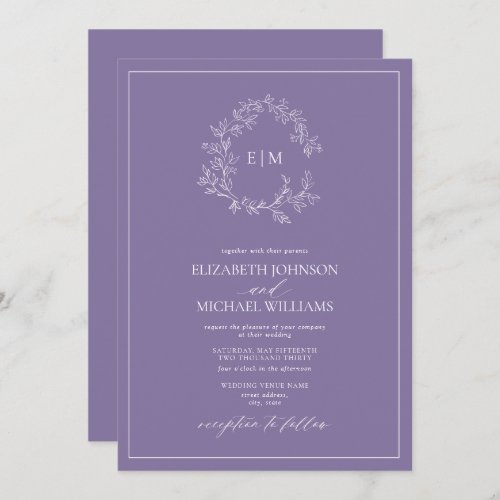 Modern Lilac Lavender Leafy Crest Monogram Wedding Invitation - We're loving this trendy, modern Lilac Lavender wedding invitation! Simple, elegant, and oh-so-pretty, it features a hand drawn leafy wreath encircling a modern wedding monogram. It is personalized in elegant typography, and accented with hand-lettered calligraphy. Finally, it is trimmed in a delicate frame. Veiw suite here: 
https://www.zazzle.com/collections/lilac_lavender_leafy_crest_monogram_wedding-119374890601634892 Contact designer for matching products to complete the suite, OR for color variations of this design. Thank you sooo much for supporting our small business, we really appreciate it! 
We are so happy you love this design as much as we do, and would love to invite
you to be part of our new private Facebook group Wedding Planning Tips for Busy Brides. 
Join to receive the latest on sales, new releases and more! 
https://www.facebook.com/groups/622298402544171  
Copyright Anastasia Surridge for Elegant Invites, all rights reserved.