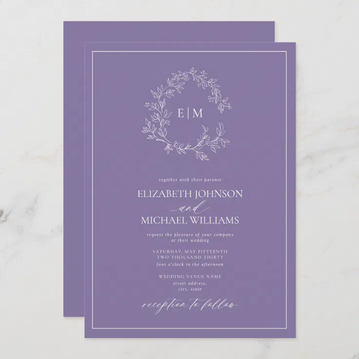 Modern Lilac Lavender Leafy Crest Monogram Wedding Invitation | Zazzle