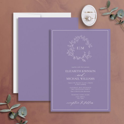 Modern Lilac Lavender Leafy Crest Monogram Wedding Invitation