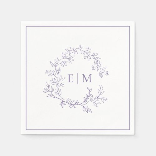 Modern Lilac Lavender Leafy Crest Monogram Wedding Napkins