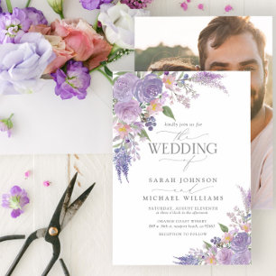 Modern Lilac Lavender Mauve Floral Photo Wedding Invitation