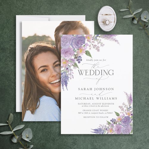 Modern Lilac Lavender Mauve Floral Photo Wedding Invitation