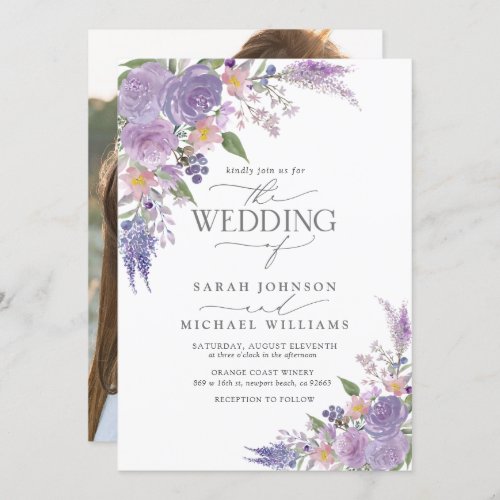 Modern Lilac Lavender Mauve Floral Photo Wedding Invitation - Oh, so pretty! Create the perfect wedding invitation with this modern, trendy lilac, lavender and mauve floral design, featuring watercolor floral bouquets and hand lettered script typography. The back of the invitation features your favorite engagement photo. Contact designer for matching products. Copyright Elegant Invites, all rights reserved.