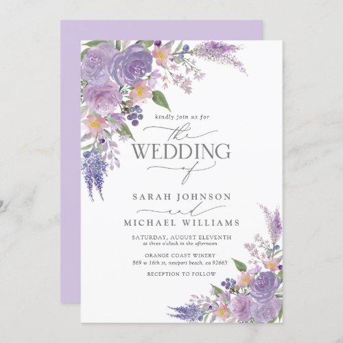 Modern Lilac Lavender Mauve Script Floral Wedding Invitation - Oh, so pretty! Create the perfect wedding invitation with this modern, trendy lilac, lavender and mauve floral design, featuring watercolor floral bouquets and hand lettered script typography. Contact designer for matching products. Copyright Elegant Invites, all rights reserved.