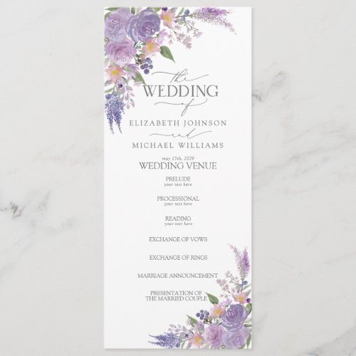 Modern Lilac Lavender Mauve Script Floral Wedding Program - A formal wedding program features lavender and mauve watercolor floral bouquets. Personalize your details accented with beautiful modern hand lettered calligraphy in soft off-black. This program was designed for a large wedding, such as a full Catholic mass with lots of bridesmaids and groomsmen. If you need this customized more to your needs, please do not hesitate to contact the designer! Part of a collection, see the full collection here: https://www.zazzle.com/collections/modern_lilac_lavender_mauve_script_floral_wedding-119161455473381968 Contact designer for matching products. Copyright Elegant Invites, all rights reserved.