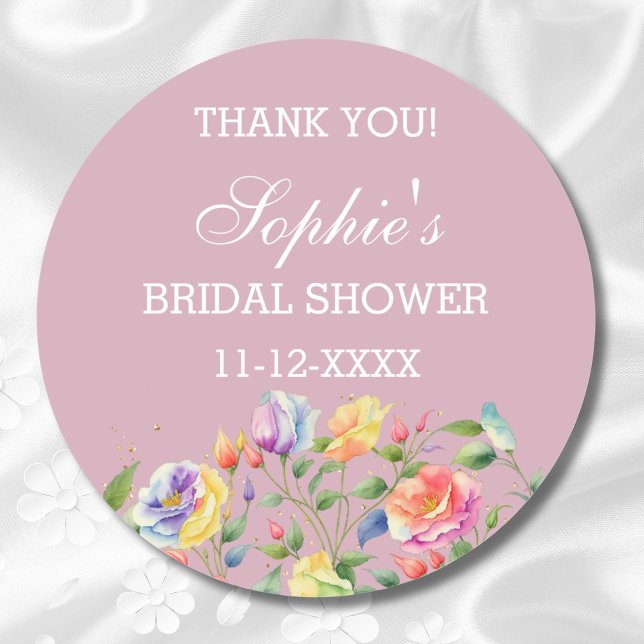 Modern Lilac Pink Roses Bridal Shower Thank You Classic Round Sticker (Creator Uploaded)