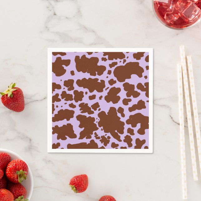 Modern Lilac Purple and Brown Cow Skin Print Napkins (Insitu)