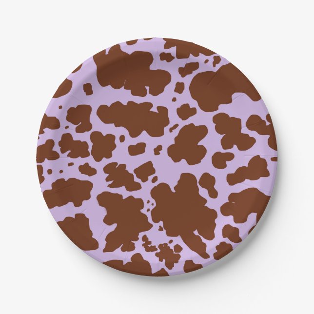 Modern Lilac Purple and Brown Cow Skin Print Paper Plates (Front)