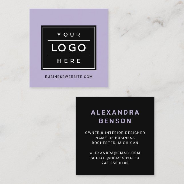 Modern Lilac Purple Custom Business Logo Square Business Card (Front/Back)