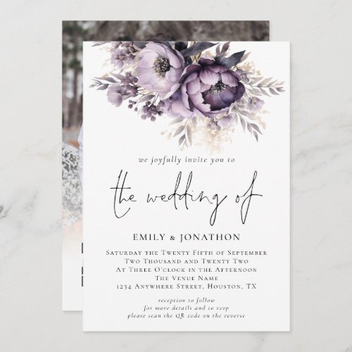Modern Lilac Purple Florals Photo QR Code Wedding Invitation