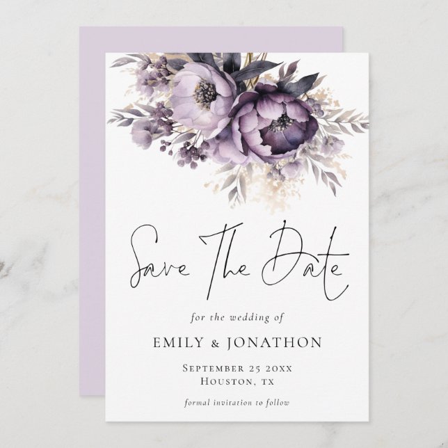 Modern Lilac Purple Florals QR Code Wedding Save The Date (Front/Back)
