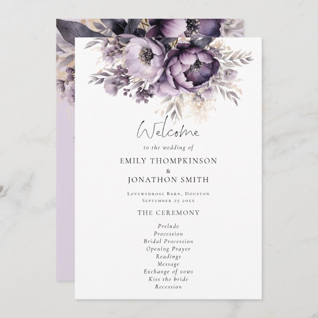 Modern Lilac Purple Florals Wedding Program (Front/Back)