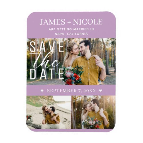 Modern Lilac Purple Save the Date Wedding 3 Photos Magnet