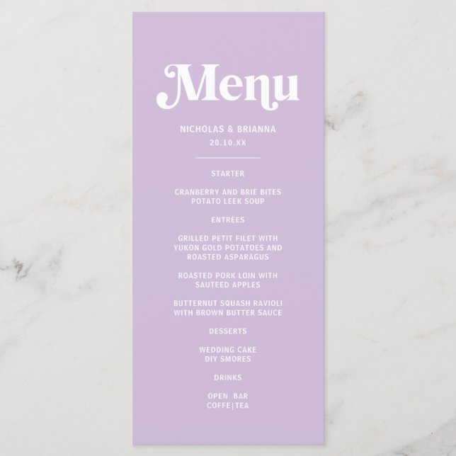 Modern Lilac Purple Wedding Menu (Front)