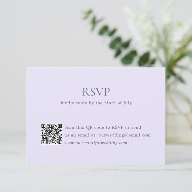 Modern Lilac QR Code Elegant Wedding RSVP Card (Standing Front)
