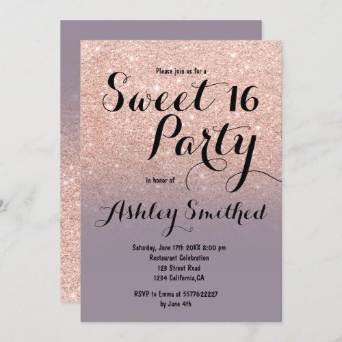 Modern lilac rose gold glitter ombre Sweet 16 Invitation