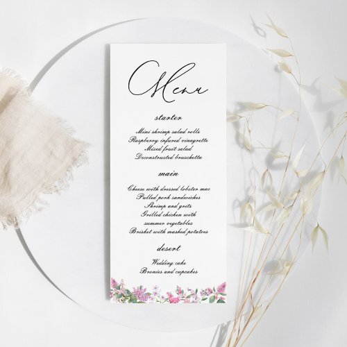 Modern Lilac Watercolor Wildflowers Wedding  Menu