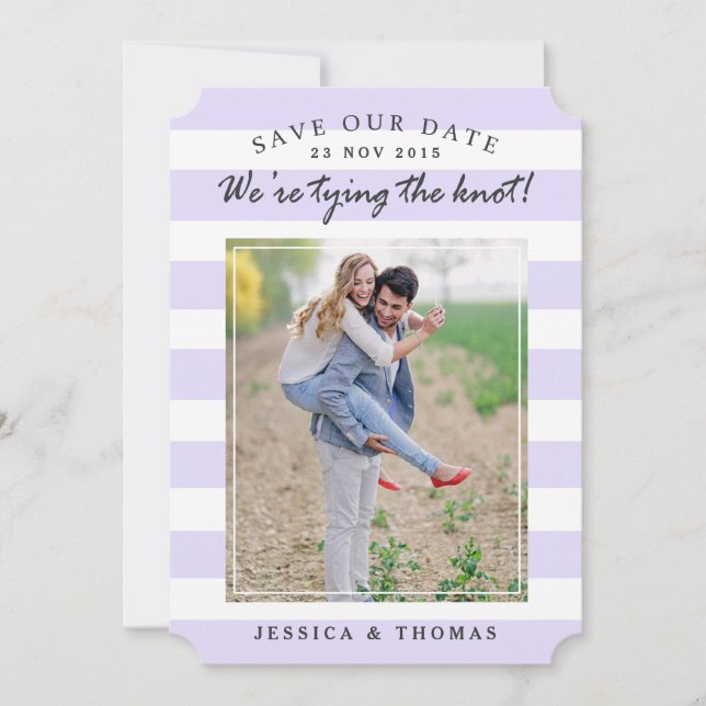 Modern Lilac & White Stripes | Photo Save The Date (Front)