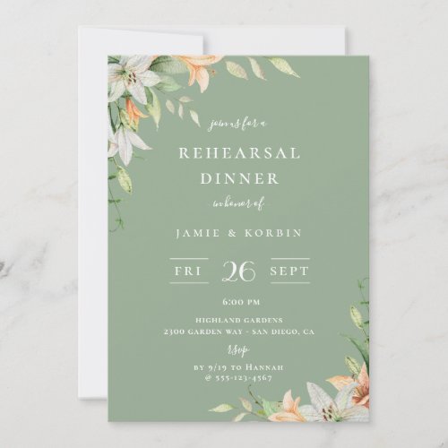 Modern Lily Floral Sage Green Rehearsal Dinner Invitation