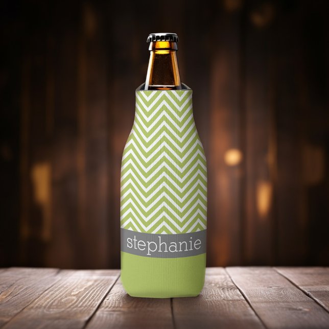Modern Lime and Charcoal Chevron Pattern with Name Bottle Cooler (Add your name to this preppy personalized bottle cooler.)