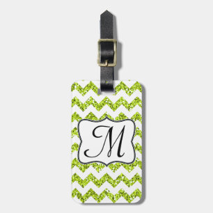 Modern Lime Glitter Chevron Monogram Luggage Tag