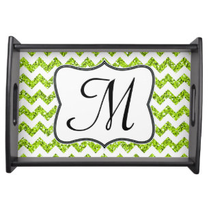Modern Lime Glitter Chevron Monogram Serving Tray