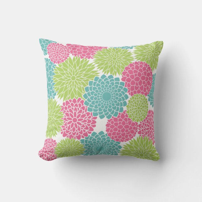 Modern Lime Green and Hot Pink Flowers Throw Pillow (Front)
