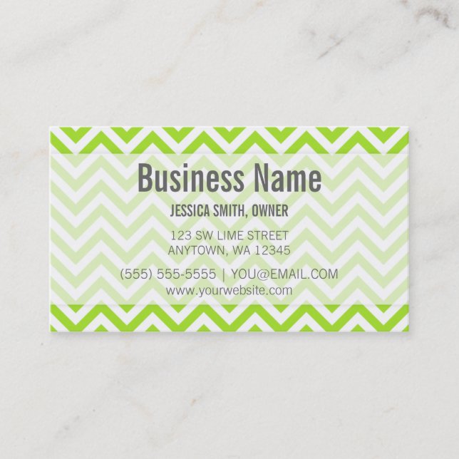 Modern Lime Green and White Chevron Pattern Business Card (Front)