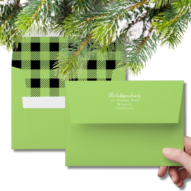 Modern Lime Green & Black Christmas Buffalo Plaid Envelope (Creator Uploaded)