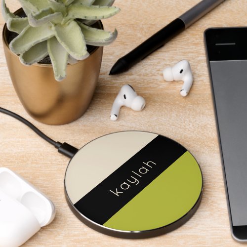 Modern Lime Green Color Block Pattern with Name Wireless Charger