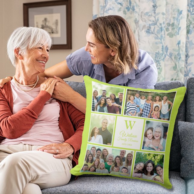 Modern Lime Green Family Reunion Monogram Photo  Throw Pillow (Creator Uploaded)