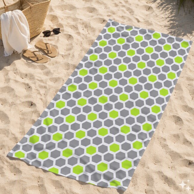 Modern Lime Green Gray Geometric Hexagon Pattern Beach Towel (Creator Uploaded)