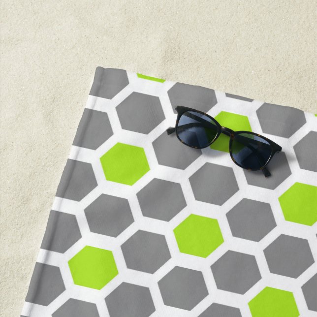 Modern Lime Green Gray Geometric Hexagon Pattern Beach Towel (In Situ)