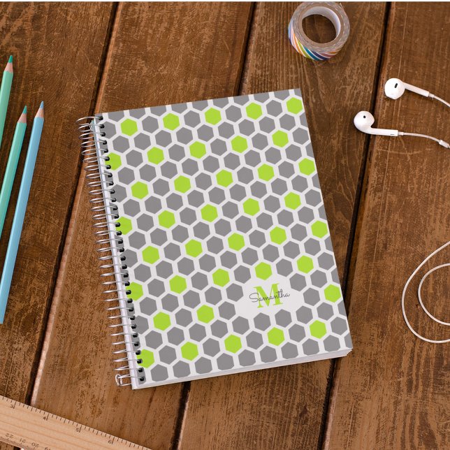 Modern Lime Green Gray Geometric Pattern Monogram  Notebook (Creator Uploaded)