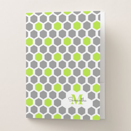 Modern Lime Green Gray Geometric Pattern Monogram Pocket Folder