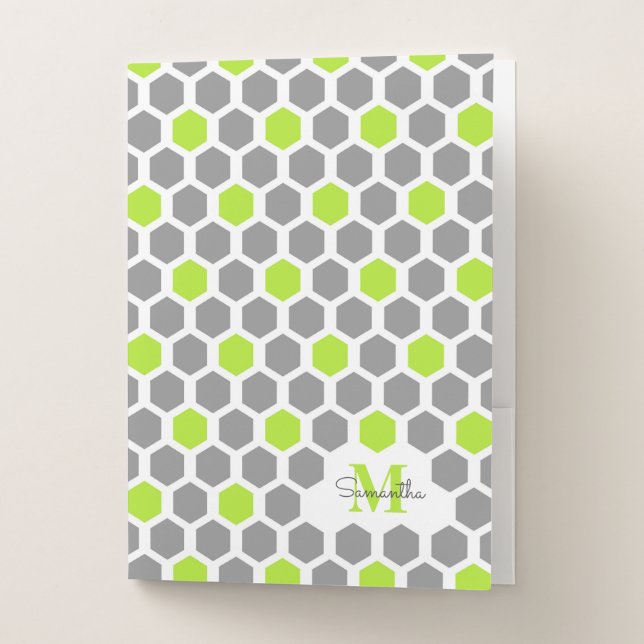 Modern Lime Green Gray Geometric Pattern Monogram Pocket Folder (Front)