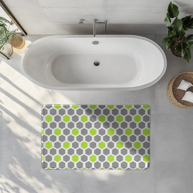 Modern Lime Green Gray Hexagon Geometric Pattern Bath Mat (Creator Uploaded)