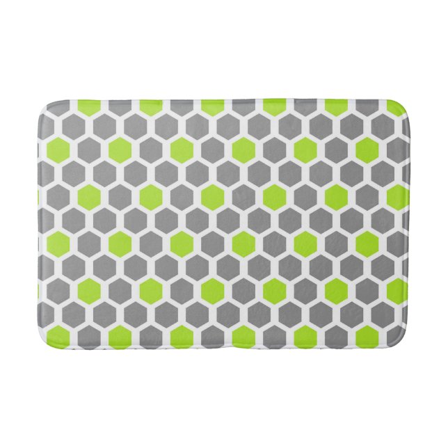 Modern Lime Green Gray Hexagon Geometric Pattern Bath Mat (Front)