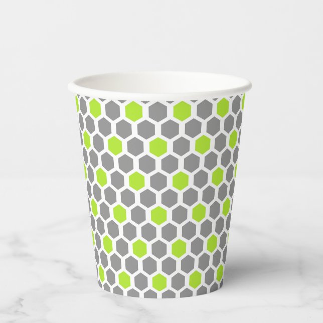 Modern Lime Green Gray Hexagon Pattern Paper Cups (Front)