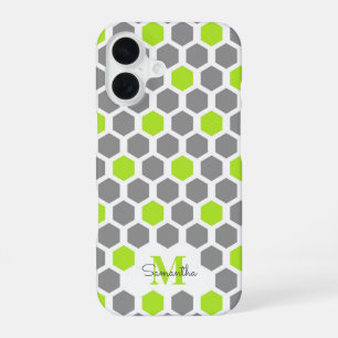 Modern Lime Green Gray Hexagon With Name Monogram iPhone 16 Case