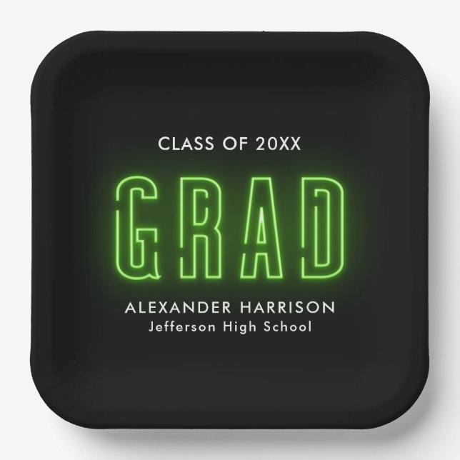 Modern Lime Green Neon Graduation Paper Plates (Front)