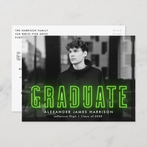 Modern Lime Green Neon Photo Graduation Party Invitation Postcard