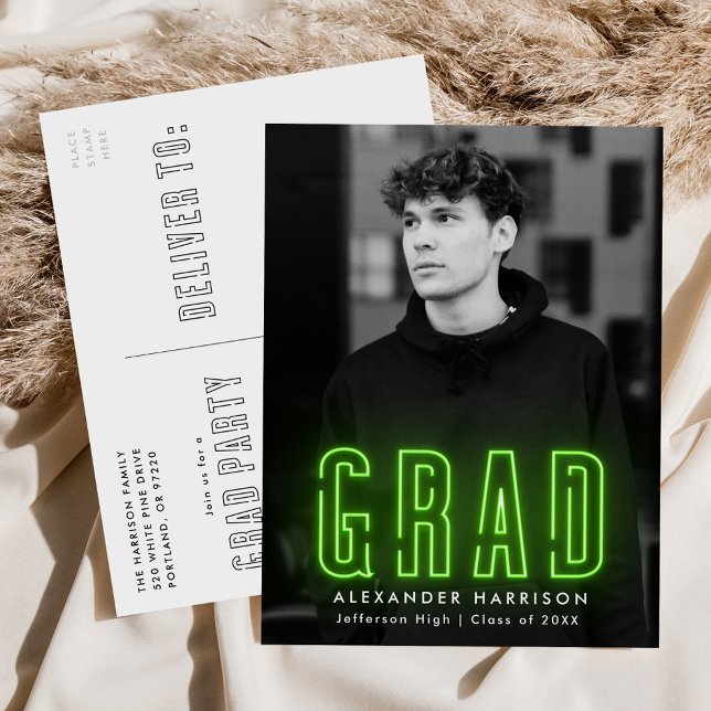 Modern Lime Green Neon Photo Graduation Party Invitation Postcard (Creator Uploaded)