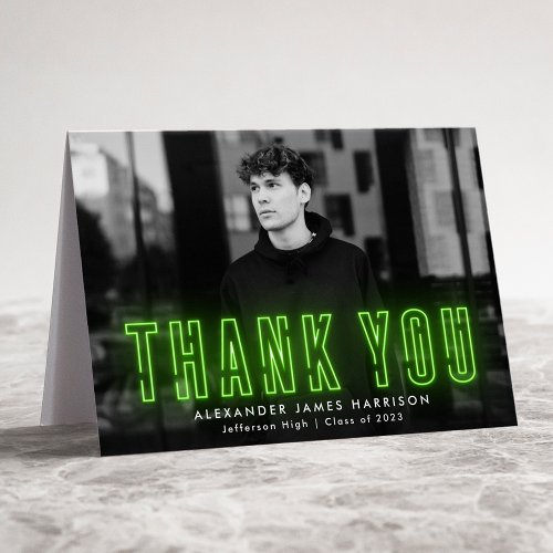 Modern Lime Green Neon Photo Graduation Thank You Card